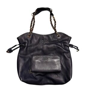 Tory Burch Navy Leather Marion Slouchy Tote Bag Purse Gold‎ Chain & Wallet EUC